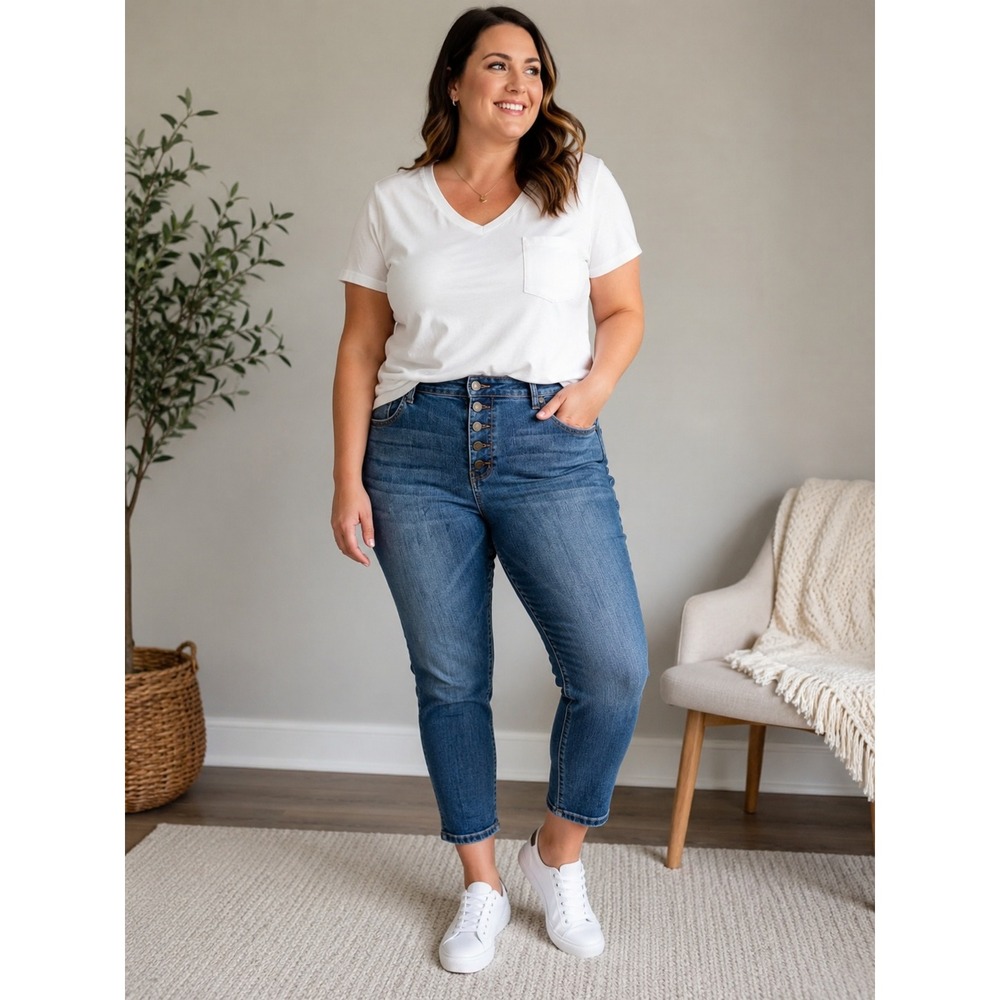 1822 DENIM Skinny Jeans High Rise Button Fly Womens Size 14 Blue Stretch Crop